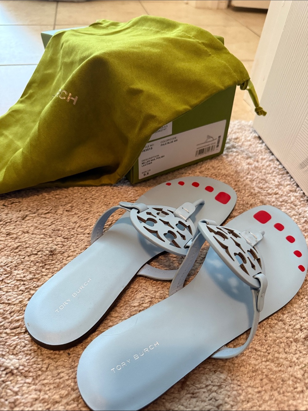 Tory Burch Light Blue Leather Miller Logo Sandals